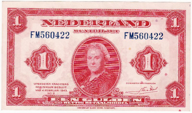 (afbeelding voor) 1 Gulden 1943 UNC- Wilhelmina 05